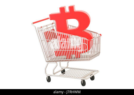 Shopping cart with bitcoin symbol, 3D rendering isolated on white background Stock Photo