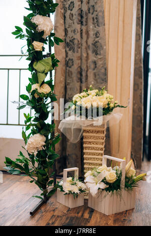 Wedding Arch inside Adrovichi restaurants in Montenegro, with a view of Sveti Stefan Stock Photo