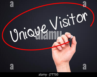 Man Hand writing Unique Visitor with black marker on visual screen. Isolated on background. Business, technology, internet concept. Stock Photo Stock Photo