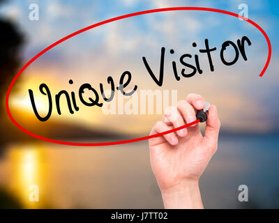 Man Hand writing Unique Visitor with black marker on visual screen. Isolated on background. Business, technology, internet concept. Stock Photo Stock Photo