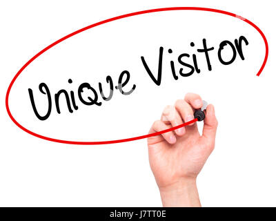 Man Hand writing Unique Visitor with black marker on visual screen. Isolated on background. Business, technology, internet concept. Stock Photo Stock Photo