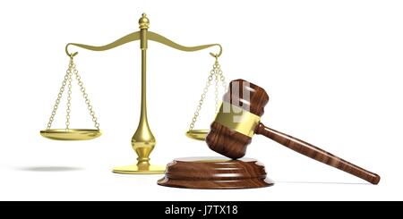 Law theme. Judge gavel and justice balance scale on white background. 3d illustration Stock Photo