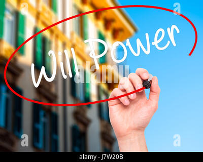 Man Hand writing Will Power with black marker on visual screen. Isolated on background. Business, technology, internet concept. Stock Photo Stock Photo