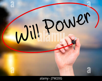 Man Hand writing Will Power with black marker on visual screen. Isolated on background. Business, technology, internet concept. Stock Photo Stock Photo