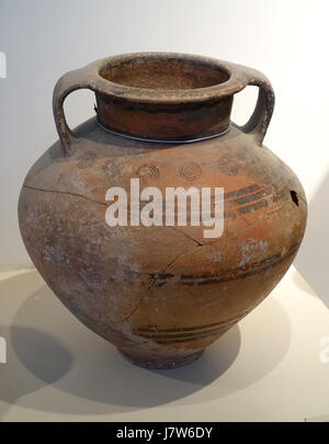 Ancient Greek Cypriot geometric pottery cup with a dark painted bird ...