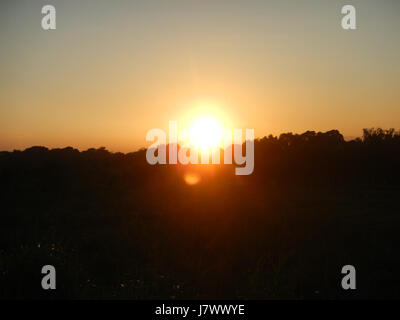 This image captures a sunset over the grasslands in Tiaong, San Jose, and Baliuag, located in Bulacan, Philippines. The rural landscape features expansive fields and natural beauty, with the setting sun casting a warm glow over the region. Stock Photo