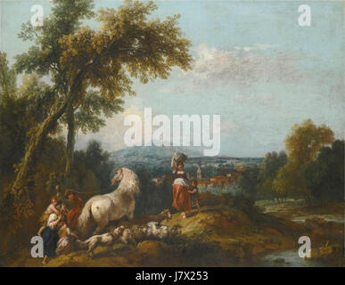 A Shepherd and his Family, Driving Sheep with a Dog and a White Horse by Francesco Zuccarelli Stock Photo