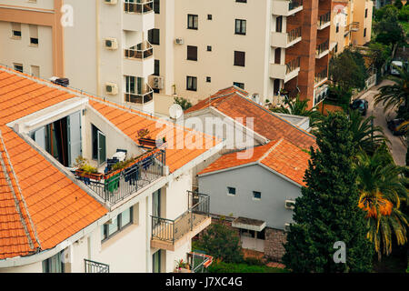 Orange tiles on roof. Montenegrin architecture. Stock Photo
