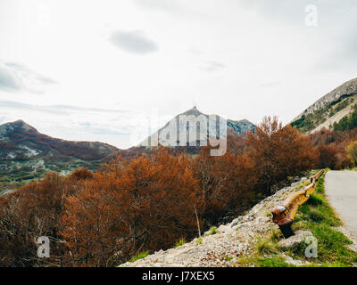 Mausoleum of Njegos on the Mount Lovcen in Montenegro. Aerial su Stock Photo