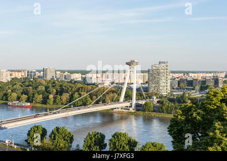 The new bridge with the UFO tower on Danube river in Bratislava Stock Photo