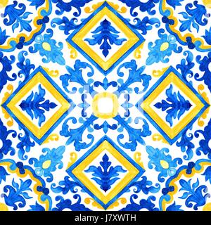 Portuguese azulejo tiles. Watercolor seamless pattern Stock Photo