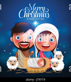 Merry Christmas greetings with Jesus born in manger, Belen with joseph and Mary vector characters  in Christmas night. Vector illustration Stock Vector