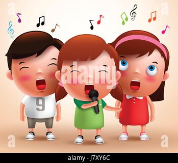 Singing kids vector characters holding microphone and performing with flying notes in a background. Vector illustration. Stock Vector