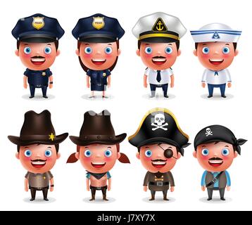 Police, seafarers, captain, sheriff, cowgirl and pirates vector character set isolated in white. Vector illustration. Stock Vector