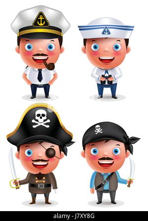 Ship captain, seafarer and pirates vector character set with uniform, holding sword and smiling isolated in white background. Vector illustration. Stock Vector