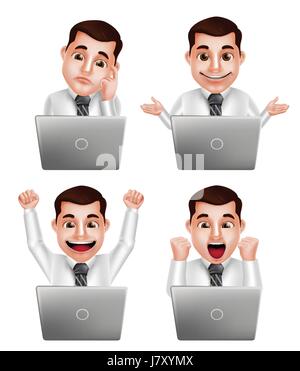 Handsome professional man vector character set with different actions and facial expressions watching in front of laptop isolated in white background. Stock Vector