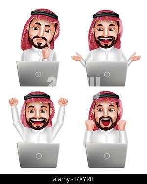 Saudi Arab man vector character set in front of laptop with different actions and facial expressions isolated in white background. Vector illustration Stock Vector