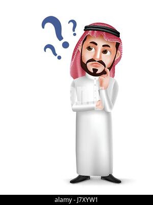 Saudi Arab man vector character wearing thobe with confused or thinking facial expression isolated in white background. Vector illustration. Stock Vector