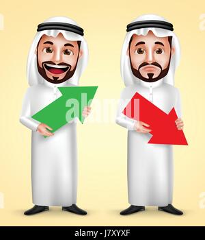 Saudi Arab man vector character wearing white traditional dress with facial expressions holding up and down arrow for business finance graph. Stock Vector