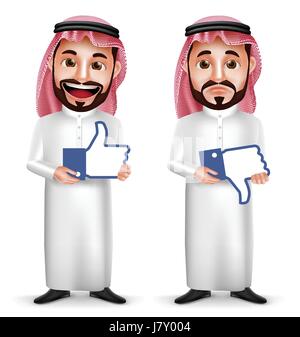 Saudi Arab man vector character with facial expressions holding like and dislike sign icon for social media isolated in white background. Stock Vector