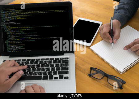 "Developer Team Working Laptop Computer Mobile Application Softwareand Web Design Online Technology Content , Web script , laptop display " Stock Photo