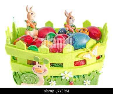 Colored traditional Easter eggs, chicken and quails, basket with easter rabbits, close up, isolated Stock Photo