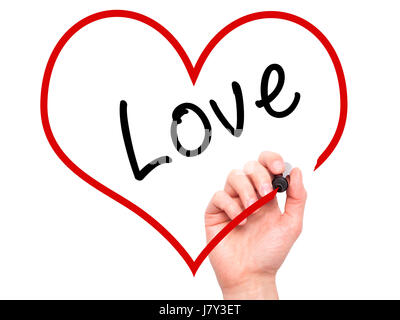 Man Hand writing Love with marker on transparent wipe board. Isolated on white. Love, life, concept. Stock Photo Stock Photo