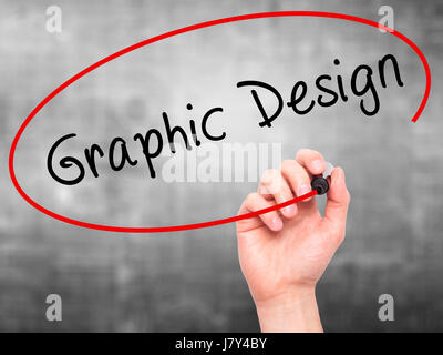Man Hand writing Graphic Design with marker on transparent wipe board. Isolated on grey. Business, internet, technology concept. Stock Photo Stock Photo