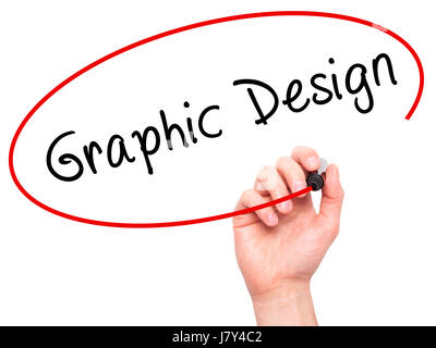 Man Hand writing Graphic Design with marker on transparent wipe board. Isolated on white. Business, internet, technology concept. Stock Photo Stock Photo