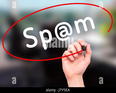 Man Hand writing Spam with black marker on visual screen. Isolated on office. Business, technology, internet concept. Stock Image Stock Photo