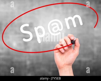 Man Hand writing Spam with black marker on visual screen. Isolated on grey. Business, technology, internet concept. Stock Image Stock Photo