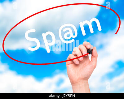Man Hand writing Spam with black marker on visual screen. Isolated on sky. Business, technology, internet concept. Stock Image Stock Photo