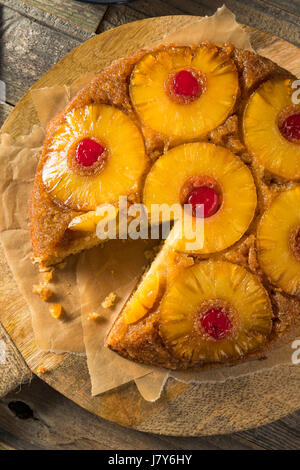 Sweet Homemade Pineapple Upside Down Cake with Cherries Stock Photo