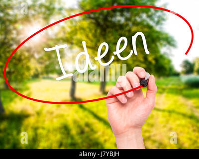 Man Hand writing Ideen (Ideas in German)  with black marker on visual screen. Isolated on background. Business, technology, internet concept. Stock Ph Stock Photo
