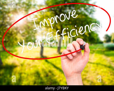 Man Hand writing Improve Your Efficiency with black marker on visual screen. Isolated on background. Business, technology, internet concept. Stock Pho Stock Photo