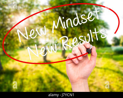 Man Hand writing New Mindset New Results with black marker on visual screen. Isolated on nature. Business, technology, internet concept. Stock Photo Stock Photo