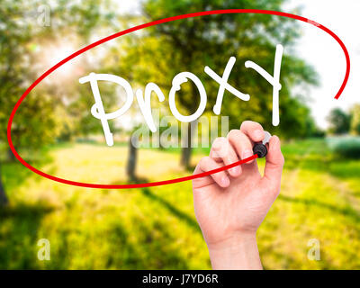 Man Hand writing Proxy with black marker on visual screen. Isolated on background. Business, technology, internet concept. Stock Photo Stock Photo