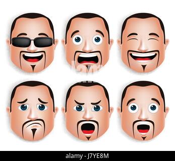 Vector Set of Realistic Big Fat Man Head with Different Facial Expressions for Avatar. Isolated in White Background Editable Vector Illustration Stock Vector