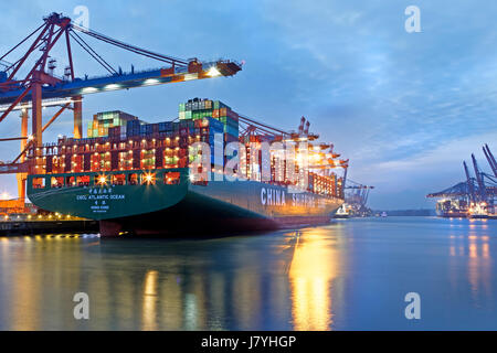Ein Containerschiff liegt bei Nacht  im Hamburger Hafen, Containerterminal Eurogate, Hamburg, Deutschland / Container ship at night, Hamburg harbor, C Stock Photo