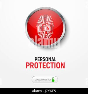Design of a white banner with a red button with a fingerprint for protecting information. Vector illustration Stock Vector