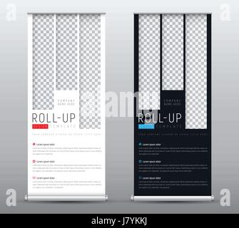 Design a standard roll up banner for presentations with vertical rectangles for the image. Template of business brochures, covers. Vector illustration Stock Vector