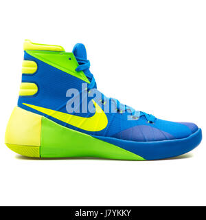 Nike Hyperdunk 2015 Men's Blue Yellow and Green Basketball Sneakers - 749561-473 Stock Photo