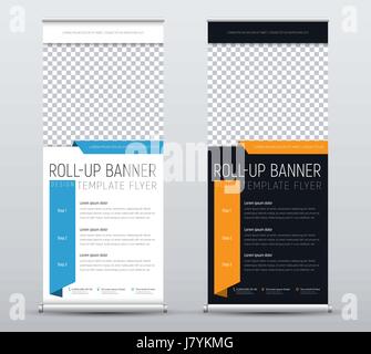 Set of roll up banners for business. Templates of brochures with a place for images and blue and yellow design elements. Vector illustration Stock Vector