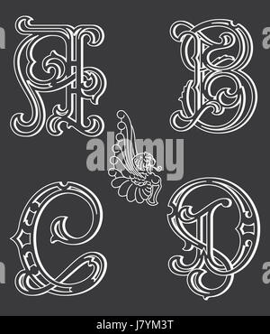 Vector set of uppercase white on black decorative font family typeface Stock Photo