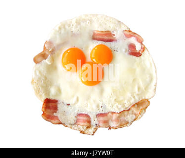 Fried eggs with bacon on white background Stock Photo