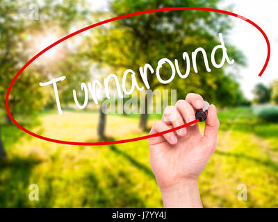 Man Hand writing Turnaround with black marker on visual screen. Isolated on nature. Business, technology, internet concept. Stock Photo Stock Photo