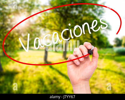 Man Hand writing Vacaciones (Vacation In Spanish) with black marker on visual screen. Isolated on nature. Business, technology, internet concept. Stoc Stock Photo