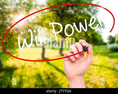 Man Hand writing Will Power with black marker on visual screen. Isolated on background. Business, technology, internet concept. Stock Photo Stock Photo