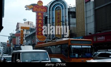 bumper to bumper congested traffic on Yaowarat Road Chinatown Bangkok Thailand Stock Photo