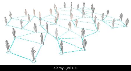 Crowd of 3D Figures Linked by Lines and Technology Stock Photo